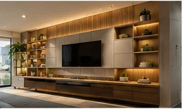 Sala com painel e estante planejados